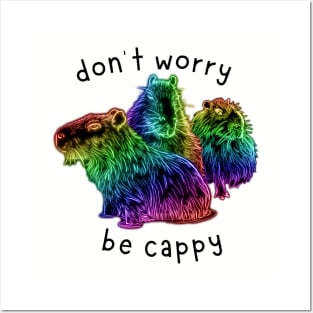 "Don't Worry, Be Cappy", Neon Rainbow Capybaras Posters and Art